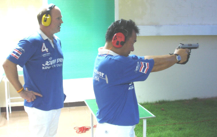 German paratrooper Eric Butter with Khun Vichai at the VR shooting range. If it rains, we go shoot.
